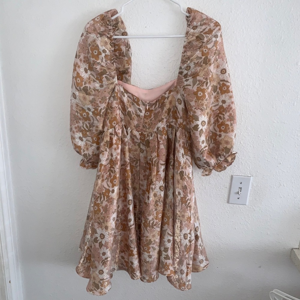 Storia Womens Floral Metallic Puff Sleeve Babydoll Mini Dress Tan Brown Gold M - Picture 3 of 10
